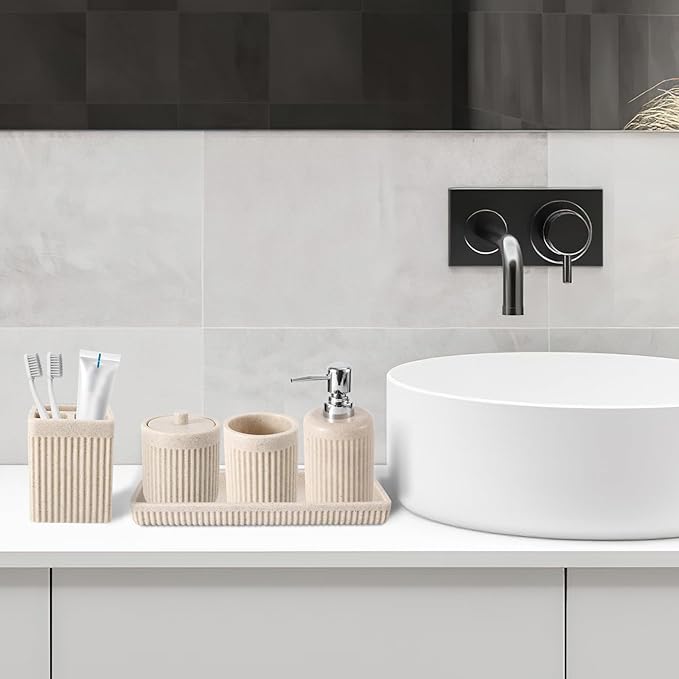XLHOMO Resin Beige Bathroom Accessories Set 5 Pcs, Lotion Soap Dispenser, Toothbrush Holder, Bathroom Tumbler, Qtip Holder and Vanity Tray, Bathroom Countertop Organizer Set for Modern Home Apartment