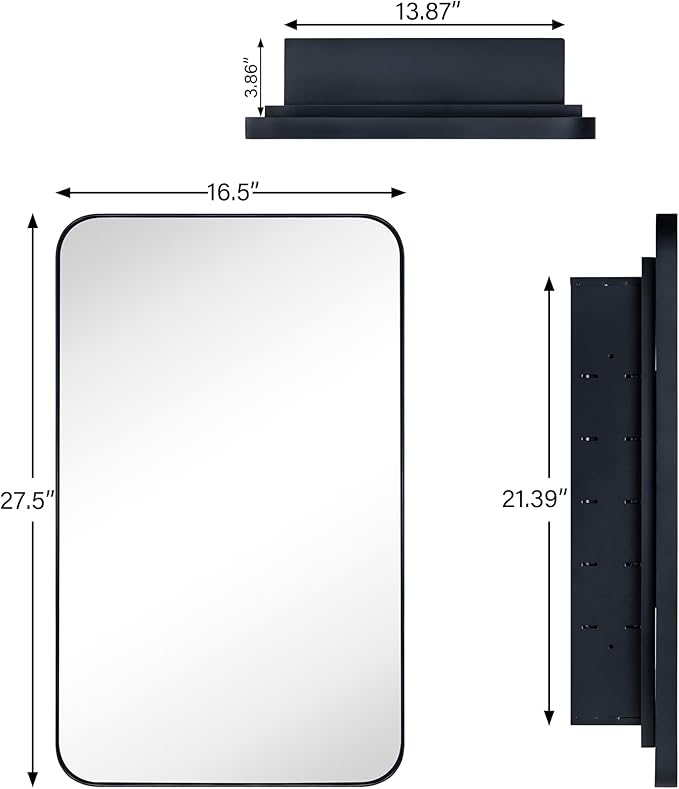 Matt Black Rectangle Recessed Bathroom Medicine Cabinet with Mirror Stainless Steel Metal Framed Rounded Rectangular Bathroom Cabinet with Mirror 16.5x27.5''