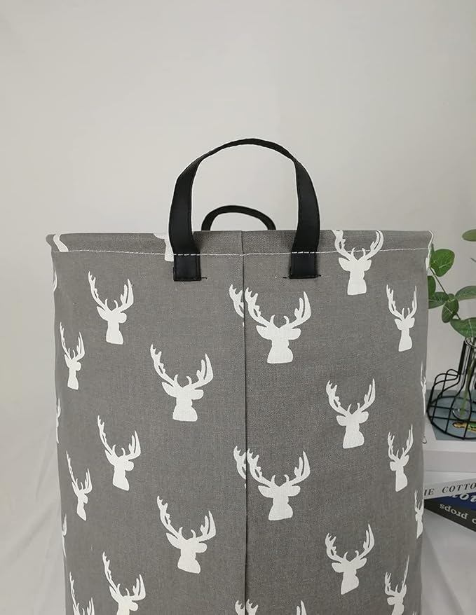 KUNRO Round Laundry Gift Basket Storage Hamper, Clothes Storage Organizer Bins, Shelf Basket with Handles for Room Decor (Grey deer)