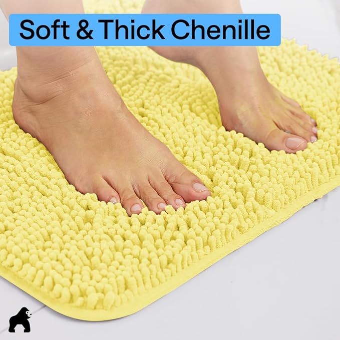 GORILLA GRIP Plush Absorbent Shaggy Chenille Bath Rug Mat for Oval Toilet Base with Rubber Backing, Machine Washable Rugs, Soft Microfiber Contour Mats for Toilets, Bathroom Decor, Yellow