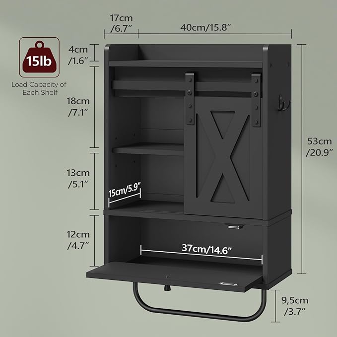 MAHANCRIS Bathroom Wall Cabinet, Farmhouse Medicine Cabinets with Sliding Door, Wall Mounted Storage Cabinet with Adjustable Shelf and Towel Bar, for Bathroom, Living Room, Kitchen, Black