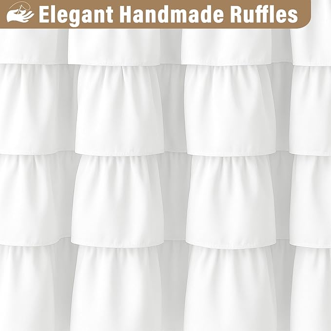 Seasonwood White Ruffle Shower Curtain Farmhouse Vintage Handcrafted Rustic Decorative Fabric Shower Curtains for Bathroom, 72" x 72"