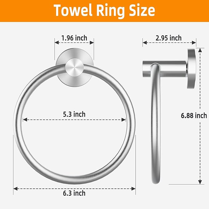 Brushed Silver Towel Ring 2Pack, SUS304 Stainless Steel Hand Towel Holder for Bathroom Kitchen, Modern Style Towel Hanger, Thicken Ring Towel Holder, Towel Rack Round Wall Mounted (2, Brushed Silver)