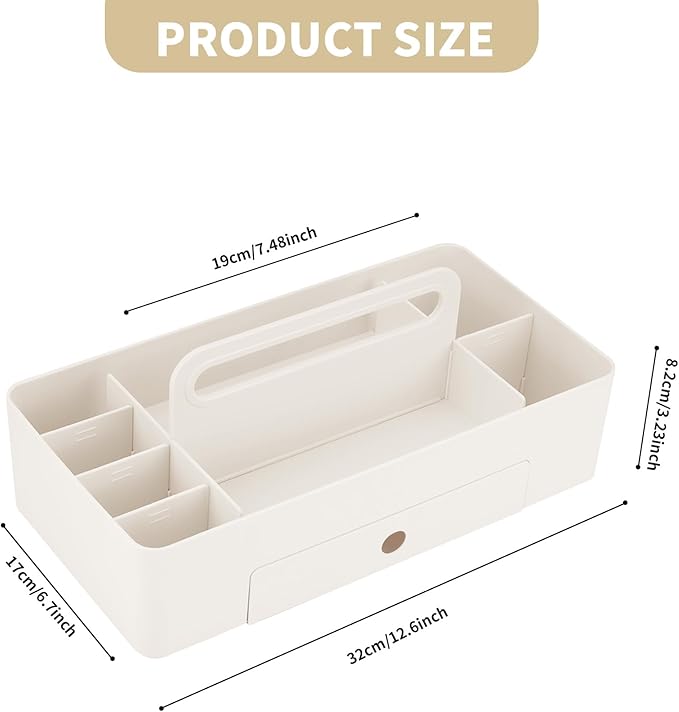 Multipurpose Caddy Organizer with Handle -8 Compartments and 1 small drawer - Art Craft Supplies, Office, Desk, Stationery Pen Holder, Makeup, Bathroom, Shower, Cleaning, Dorm Organizer - White