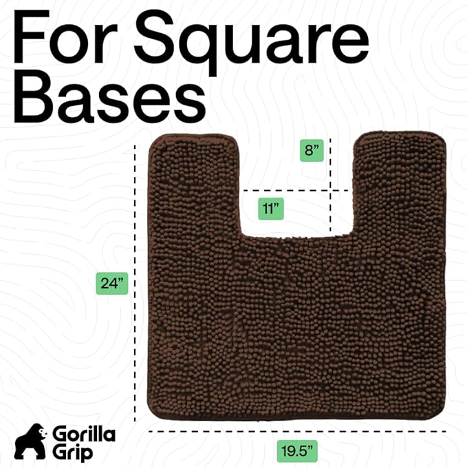 GORILLA GRIP Plush Absorbent Shaggy Chenille Bath Rug Mat for Square Toilet Base with Rubber Backing, Machine Washable Rugs, Soft Microfiber Contour Mats for Toilets, Bathroom Decor, Brown