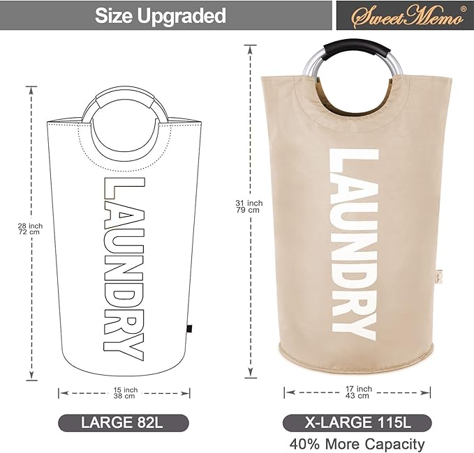 115L Large Laundry Basket with Handles, Collapsible Laundry Hamper Bag, Tall Freestanding Dirty Clothes Hampers, Foldable Fabric Laundry Bin for Laundry, Dorm, College (Khaki, XL)