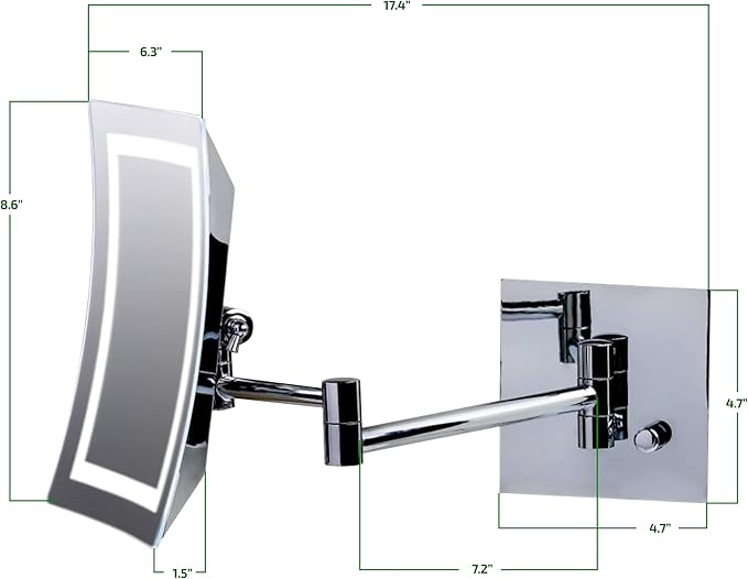 OVENTE Wall Mounted Rectangular Lighted Makeup Mirror with 7X Magnification, AC Adapter, 7'' Bathroom Vanity Mirror, Dimmable White LED Lights, 17" Extendable Folding Arm, Polished Chrome MSWA6387CH7X
