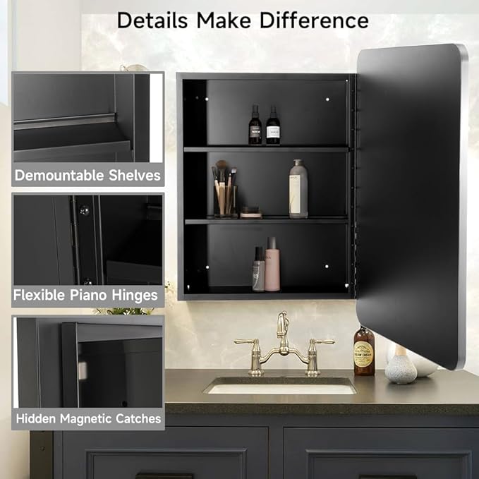 Movo 24x30 Inch Black Metal Framed Bathroom Mirror Medicine Cabinet Rectangle Tilting Beveled Vanity Mirrors Recess or Surface Mount Installation Chrome