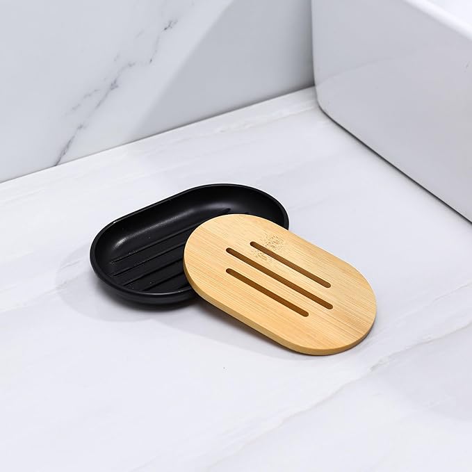 Matte Black Bathroom Accessories Set 7 Pcs,Bamboo Bathroom Accessories Sets,Black Soap Dispenser and Toothbrush Holder Set,Qtip Holder,Vanity Tray,Soap Dish,Modern Bathroom Decor