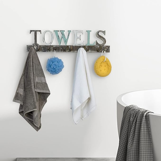 MyGift Towel Rack for Bathroom, Wall Mounted Bath Towel Holder with 5 Dual Hooks, Kitchen Laundry Hand Towel Hanger, Rustic Multicolored Solid Wood with Decorative Towel Cutout Design