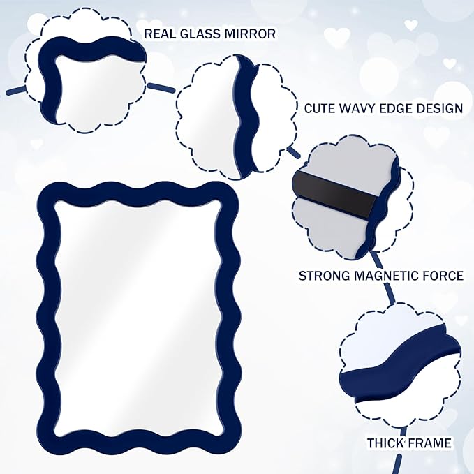 Leinuosen 1 Pcs Scalloped Magnetic Locker Mirror Small Real Glass Makeup Mirror with Magnetic Backing Cute Locker Decorations for Office Cabinet Lockers Accessories (5 x 7 Inch,Navy Blue)