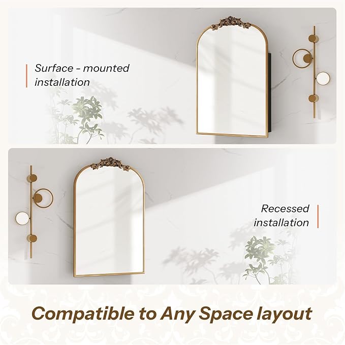 24x35 Inch Bathroom Medicine Cabinet with Mirror, Recessed or Surface Mount, Sturdy, Durable & Easy Installation, Vintage Metal Frame(Gold)