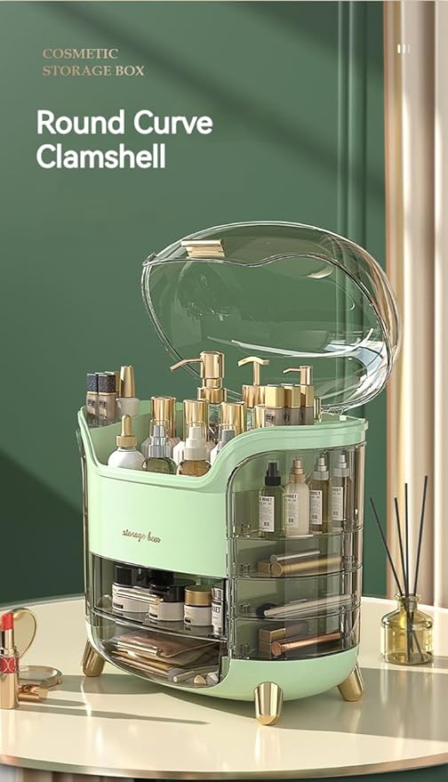 Professional Makeup Organizer Box and Cosmetic Display Case for Perfume, Lotion, Skincare Creams, Brushes, and Accessories, Large Vanity Storage, Rotating Drawers-White