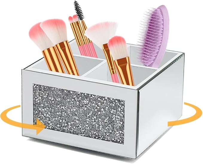 Rotating Makeup Brush Holder Glass, 360 Rotating Crystal Makeup Brush Organizer, Cosmetic Brush Storage Box Crushed Diamond Home Decor Silver Glass Brush Holder for Vanity Dresser 4 Slots