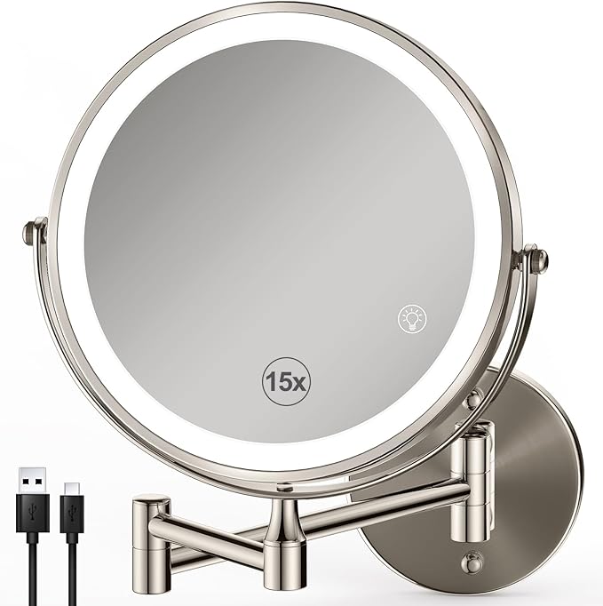 GREENFROM Magnifying Mirror with Lights 1x/15x: 8.5" Double Sided Wall Mounted Lighted Makeup Mirror for Bathroom, Brushed Nickel