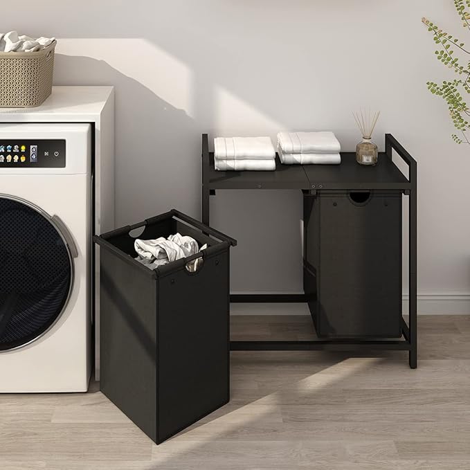 LAATOOREE Laundry Hamper, Two-Color 2 × 48L Laundry Basket with 2 Removable Laundry Sorter Bags and Top Shelf, Clothes Hamper for Laundry Room, Bathroom