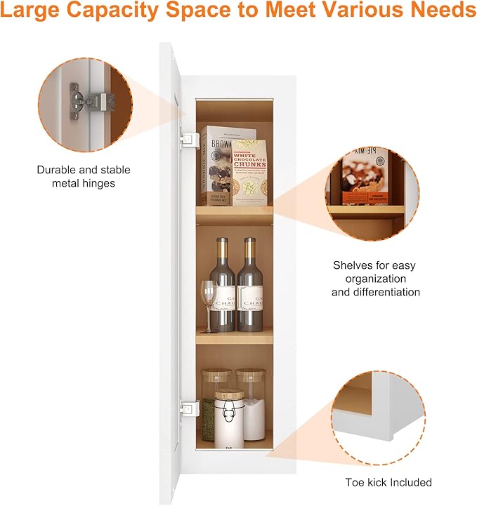 ROOMTEC Wood Wall Cabinet,RTA Single Door Medicine Cabinet with Adjustable Shelves and Soft-Close Door for Kitchen, Bathroom, and Laundry. 12" D*9" W*30" H, Traditional White
