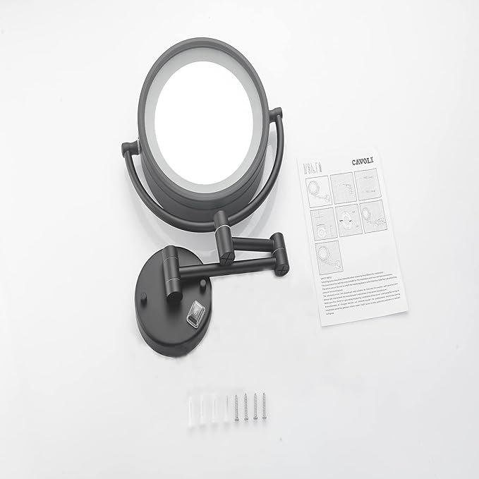 Hardwire LED Lighted Wall Mount Gold Makeup Mirror with 10x Magnification for Bathroom and Bedroom,13" Extendable Arm (Black)