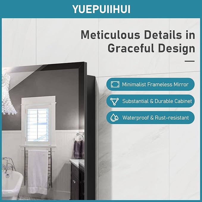 16 x 24 Inch Recessed Medicine Cabinet, Metal Cabinet with Adjustable Shelves, Wall Mounted Black Cabinet for Bathroom