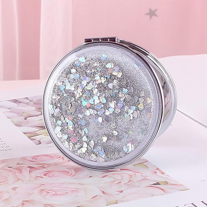AKOAK 1 Pack Compact Mirror, Portable Quicksand Pocket Travel Makeup Mirror, Folding Hand-held Double Sided 1x/2x Magnifying Glass, Great Gift for Women and Girls (Silver)