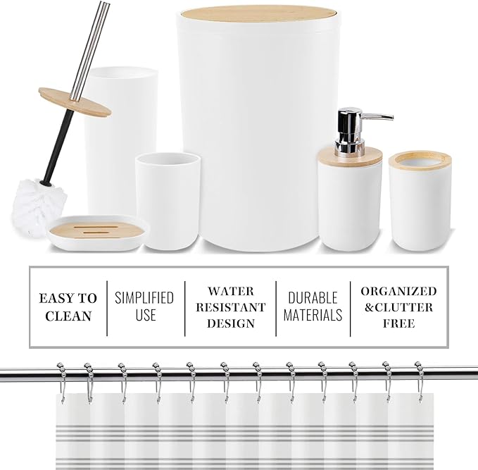 Britimes Bathroom Accessories Sets, White Shower Curtain Set with Trash Can, Soap Dispenser, Toilet Brush Holder, Toothbrush Holder and Toothbrush Cup for Bathroom Decor 72"*72"
