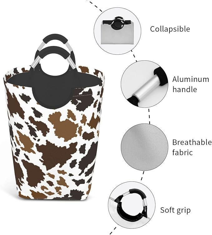 Cow Skin Laundry Basket Animal Laundry Hamper Cow Print Collapsible Baskets with Handle Dirty Clothes Hamper Bag for Dorm Family Bathroom Decor Storage 50L