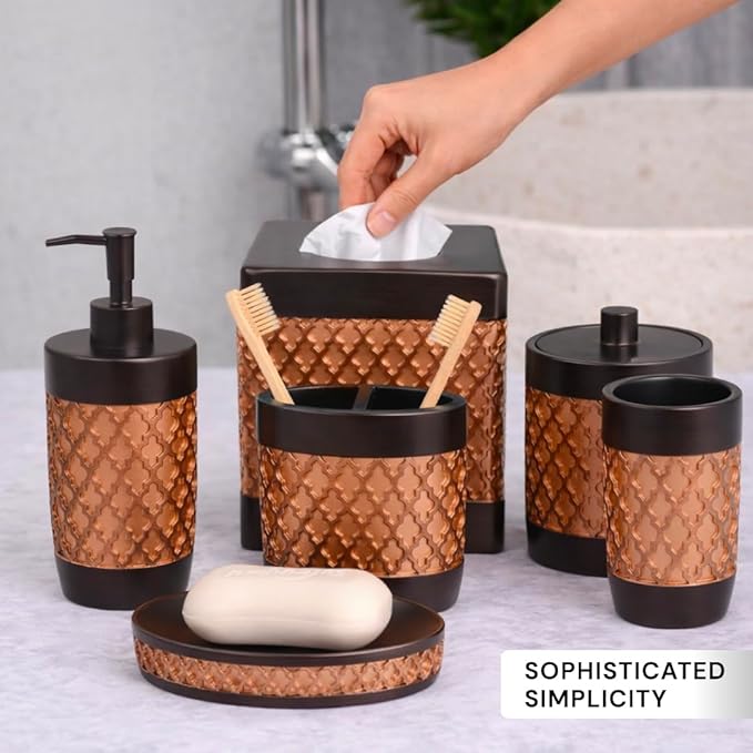 Decozen Bathroom Accessories 6Pcs Set, Soap Dispenser, Toothbrush Holders, Tumbler, Soap Dish & Cotton Swab Jar – Modern Bathroom Decor, Modern Farmhouse Decor, Countertop Accessories, Gold