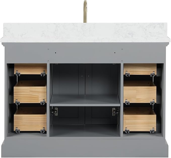 Mareo 48" Solid Wood Single Sink Bathroom Vanity | Marble Countertop & Backsplash | Soft Closing Doors & Drawers | Nickel Brushed Handles | Grey Cabinet & Undermount Ceramic Sink Top | Pre-Assembled