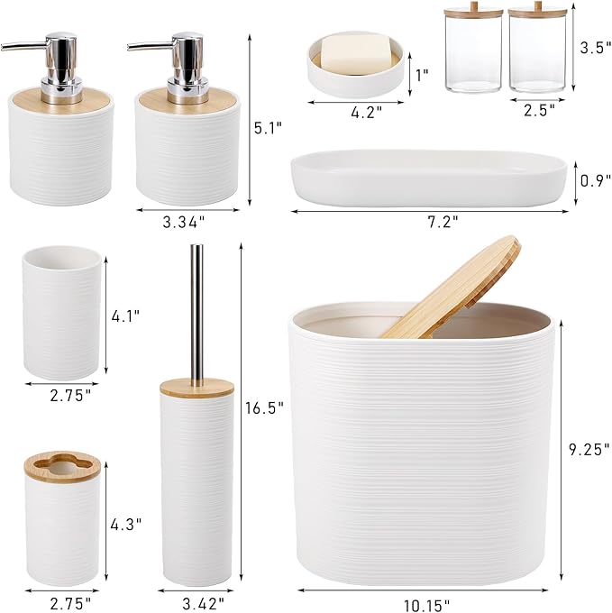 XLHOMO White Bathroom Set, White Bathroom Accessories Set with Trash Can, 2PCS Soap Dispensers, Soap Dish, Toothbrush Holder, Toothbrush Cup,Toilet Brush, Tray and Qtip Holders for Bathroom Decor