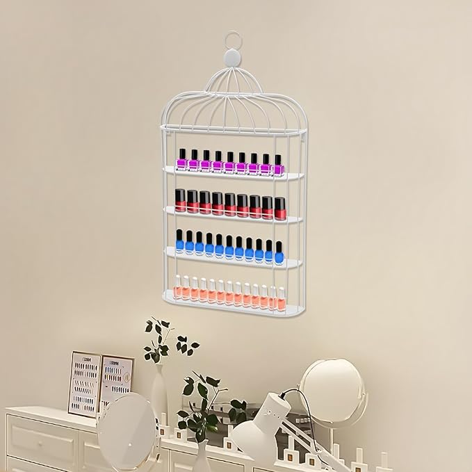 Wall-Mounted Nail Polish Racks, 6-Tier Metal Makeup Display Wall Shelf Storage Organizer for Home Spa Nail Salon Perfume Lipstick Cosmetic (White)