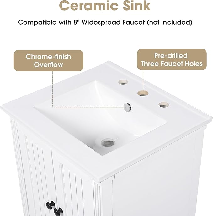 Virubi 20" Small Bathroom Vanity with Sink,Doors and Drawer,Wood Mid-Century Modern Bathroom Sink Cabinets with Adiustable Foot Pads,for Small Space,Freestanding (White)