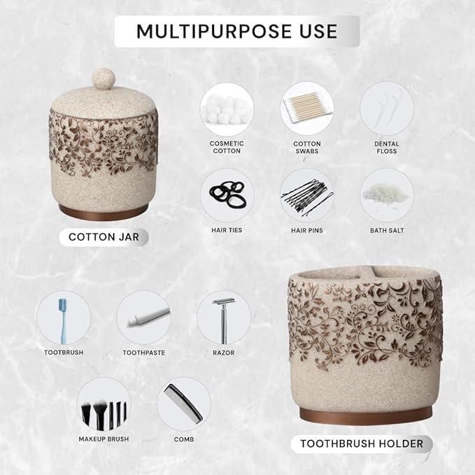 Decozen Bathroom Accessories 6Pcs Set, Soap Dispenser, Toothbrush Holders, Tumbler, Soap Dish & Cotton Swab Jar – Modern Bathroom Decor, Modern Farmhouse Decor, Countertop Accessories, Beige