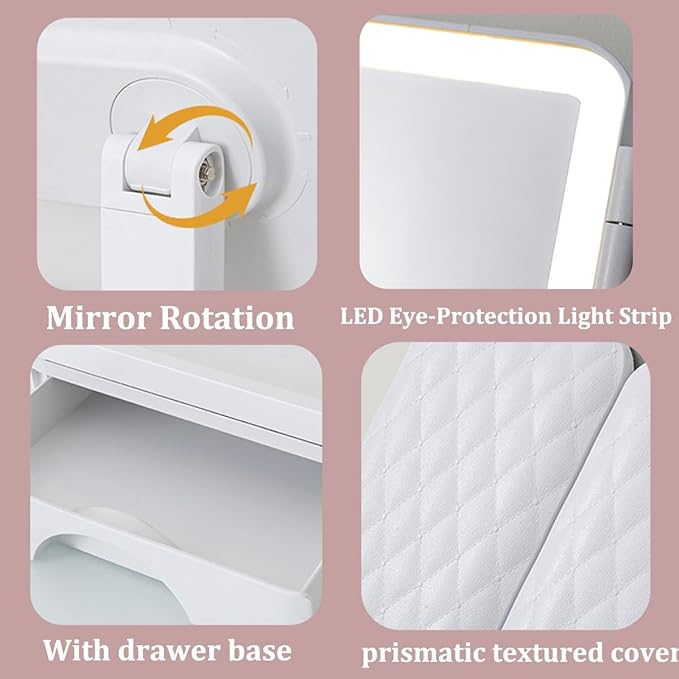 Tri Fold Lighted Makeup Mirror with Storage & 3X Magnification, Small Vanity Mirror, 3-Color Dimmable LED Vanity Mirror, Touch Control Vanity Mirrors, Travel Makeup Mirror for Women (White)