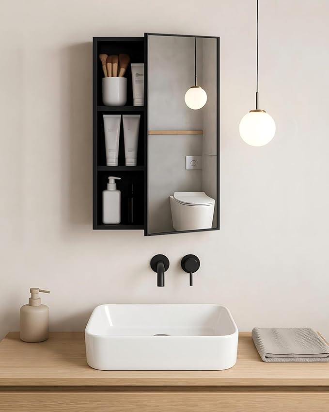 ANTIS'S HOME Medicine Cabinet, Non-recessed Matte Black Aluminum Bathroom Mirror with Storage, 16 x 24 inch Mirror Cabinet Wall Mounted Storage Cabinet, Rectangle Modern Vanity Cabinets