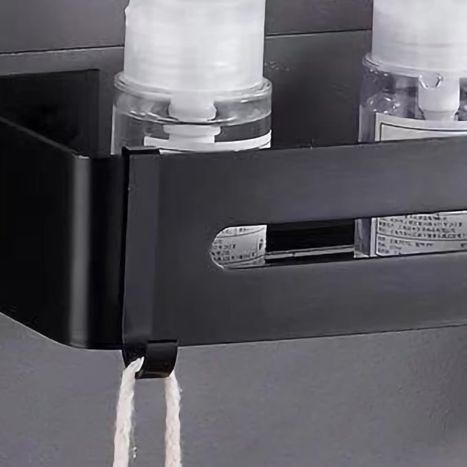 Wall Mounted Stylish Bathroom Shelf with Strong Load Bearing, Aluminum Alloy Kitchen Rack, Corner Storage Organizer for Home and Hotel (Rectangular Black)