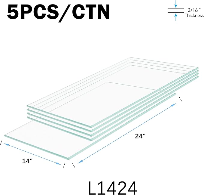14" x 24" 5-PCS Tempered Glass Shelf, Rectangular Frameless Glass Shelves - 3/16" Thick, Suitable for Bookshelves, Display Cases, Retail Fixtures and Tabletops