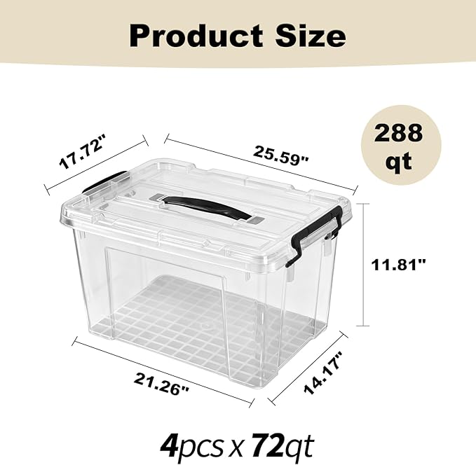 288 QT Clear Storage Bins with Lids, 4 Pack 72 QT-Stackable Plastic Organizer for Home, Office, Garage, BPA-Free, Heavy-Duty, See-Through Containers with Secure Latches & Handles