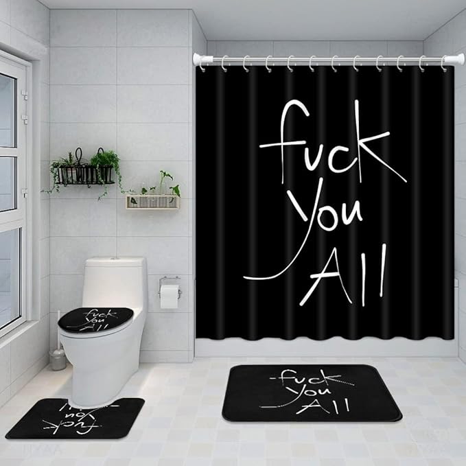 ArtSocket 4PC Shower Curtain Set with Rugs, Fuck You All Bathroom Set with Non-Slip Rug, Toilet Lid Cover, Bath Mat and 12 Hooks 72x72 inches