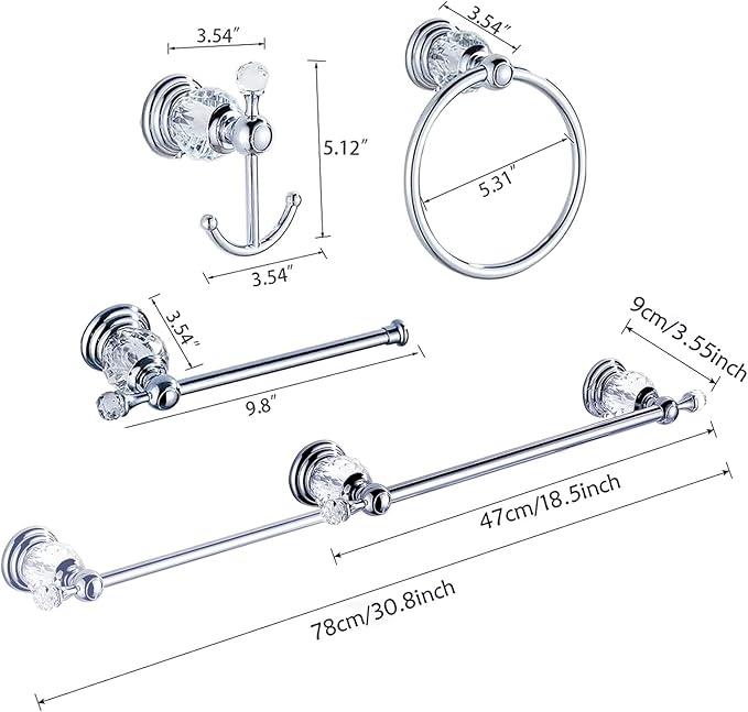 Leyden Crystal Bathroom Hardware Set, Chrome Bathroom Accessories Silver Towel Ring Towel Bar Toilet Paper Holder Coat Hooks Wall Mounted Polished 4 Pieces with Crystal Ball Base Designed