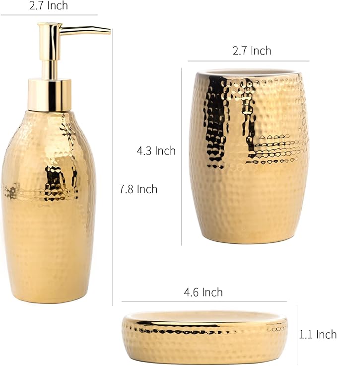 Gold Bathroom Accessory Set - 3 Piece Decorative Ceramic Bathroom Accessories Sets with Lotion Soap Dispenser, Toothbrush Holder/Tumbler and Soap Dish, Golden Gift Set for New Home Decor