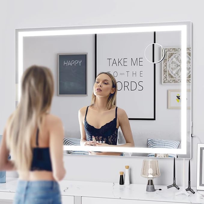 Gvnkvn Makeup Vanity Mirror with Lights 32" x 24" Large LED Makeup Mirror, Light up Mirror with 10X Magnification and USB Charging Port, Dimmable 3 Modes, Touch Screen Control Square Corner