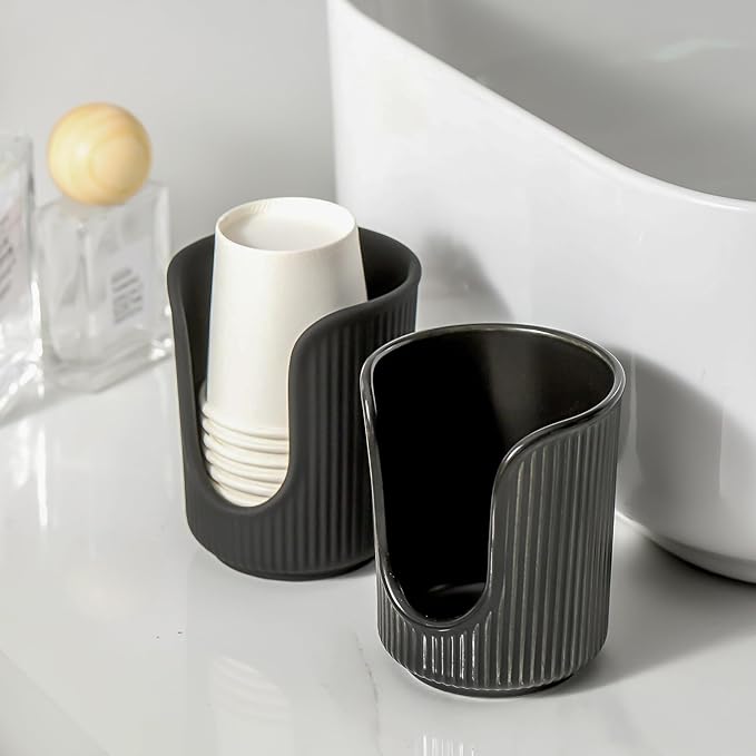 Dobbyby Ceramic Bathroom Cup Dispenser with Stylish Vertical Stripes - Disposable Mouthwash Cup Holder Holds 3-4oz Paper Cups for Rinsing Cups on Bathroom Vanity Countertops (Matte Black)