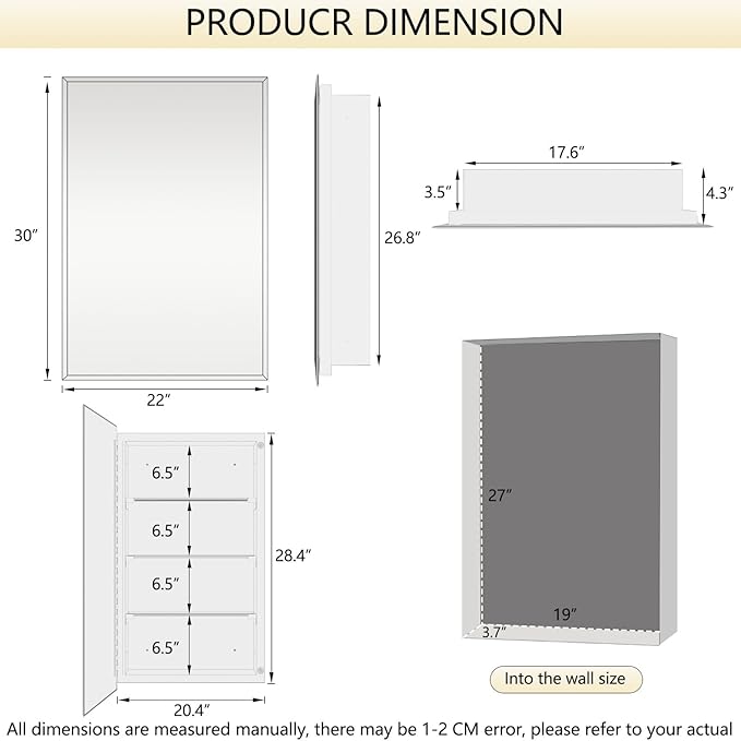 Bathroom Medicine Cabinet with Mirror, 22x30 Inch, Rectangular Frameless Beveled Mirror, Removable Glass Shelves, Recessed or Surface Mount Installation for Bathroom Bedroom