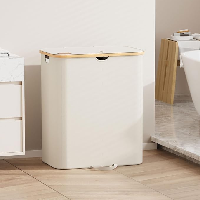 XLHOMO 160L Double Laundry Hamper with Lid, Dirty Clothes Hamper with 2 Removable Bags, Beige Laundry Hamper 2 section with Bamboo Handles Easy to Carry for Bedroom, Bathroom, Dorm, College
