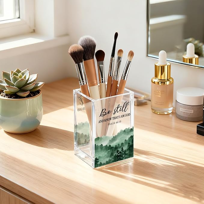 Be Still And Know That I Am God Acrylic Pencil Holder Cup, Christian Pen Holder for Desk, Christian Gifts for Women Girls, Bible Verses Clear Cosmetic Holder for Home Office Desk Accessories