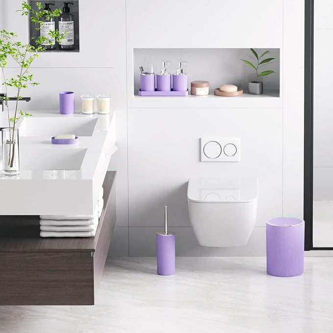 Purple Bathroom Accessories Set, 10PC Bathroom Set, Bath Accessory with Pop Up Trash Can, Soap Dispenser, Toilet Brush, Toothbrush Set Qtip Holders & Tray