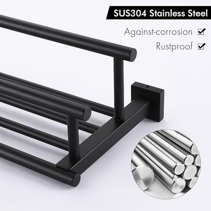 KES Towel Rack with Double Towel Bar 24 Inch Bathroom Hotel Shower Shelf SUS304 Stainless Steel Modern Wall Mounted Holder Matte Black, A2112S60-BK