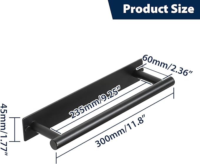 Alise Adhesive Towel Bar Black,Towel Racks for Bathroom Wall Mounted,Bathroom Towel Rack SUS304 Stainless Steel,Towel Holder for Kitchen/Bathroom Hardware Decoration,Sticky or Screw-Mounted,12 Inch