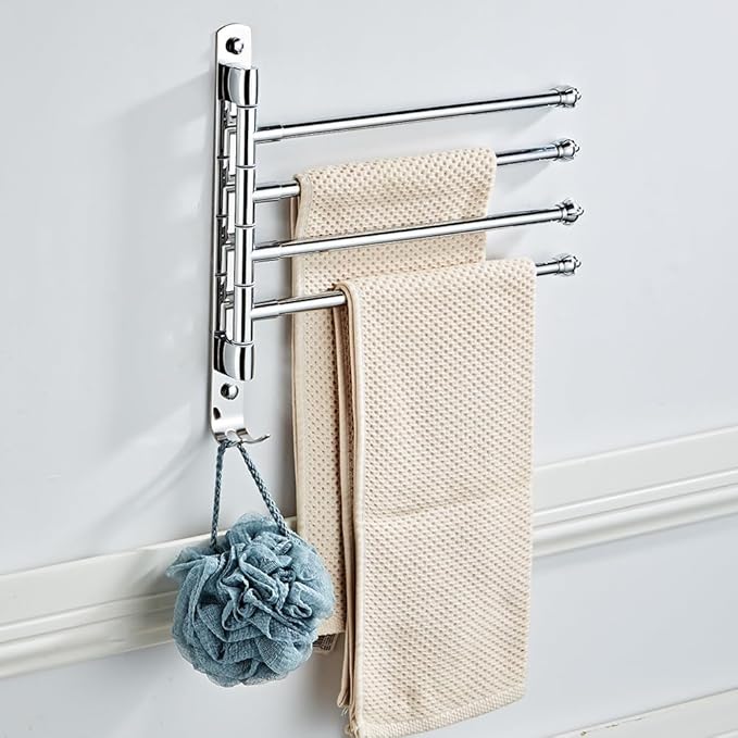 Bathroom Towel Rack Swivel Hanger Towel Bar Wall Mounted Space Saving Storage Organizer Hanging Holder 12 Inch (Stainless Steel, Bright Silver 4-Arm)