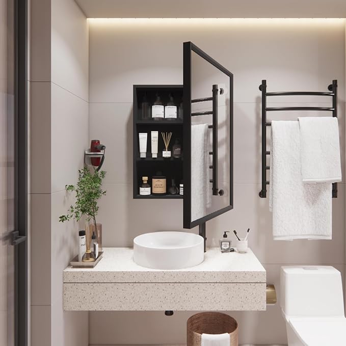 H & A Medicine Cabinet Bathroom Mirror, 28''x22'' Farmhouse Wood Frame Bathroom Medicine Cabinet with Mirror, Vanity Mirrors Recess or Surface Mounted Installation (Black-28x22'')